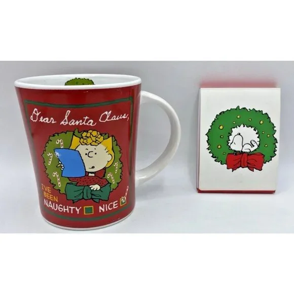Peanuts Lot Sally Christmas Mug 14oz & Snoopy Notepad Dear Santa I’ve Been Nice - Picture 1 of 16